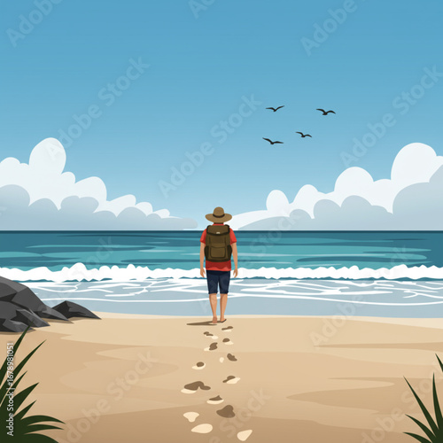 A solitary traveler walking along a pristine sandy beach with the ocean in the background under a clear blue sky, enjoying a peaceful moment.