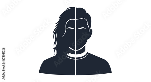 Split Human Face Silhouette Showing Contrasting Emotions.