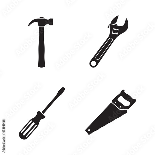 Silhouettes of Essential Hand Tools Hammer Wrench Screwdriver and Hand Saw for Carpentry Construction Repair and Home Improvement Projects in Black and White