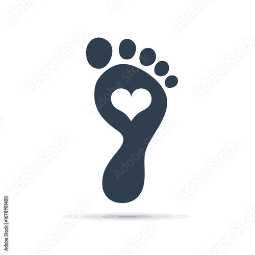 Human footprint silhouette icon with a heart shape inside. A simple vector logo concept for health, wellness, love, walking, charity, and podiatry care