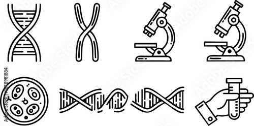 DNA chromosome microscope laboratory research science vector icons set for medical and biological studies