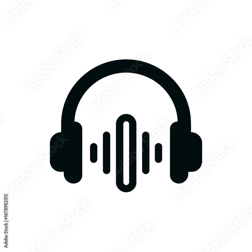 Minimalist black headphones icon with sound wave symbol for audio, music, and podcasting concepts. Vector graphic illustration