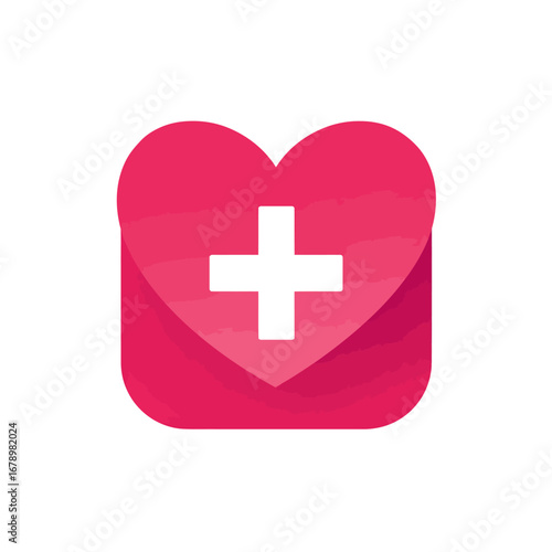 Modern pink heart with a white plus cross symbol, representing healthcare, love, and wellness. Sleek and simple vector icon for medical apps or charity logos