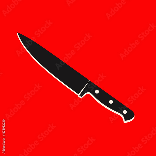 A minimalist black silhouette of a chef's knife isolated on a bold red background. This sharp vector icon is perfect for culinary, cooking, and kitchen themes