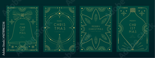 Set of modern Christmas frames or holiday greeting cards on emerald green background. Line art vector illustration