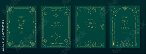 Set of modern Christmas frames or holiday greeting cards on emerald green background. Line art vector illustration