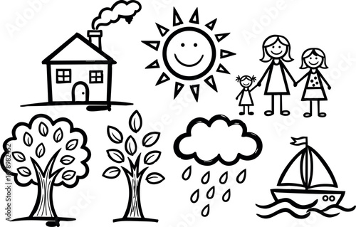 Hand drawn family house sun trees cloud rain and sailboat vector illustration simple sketch style