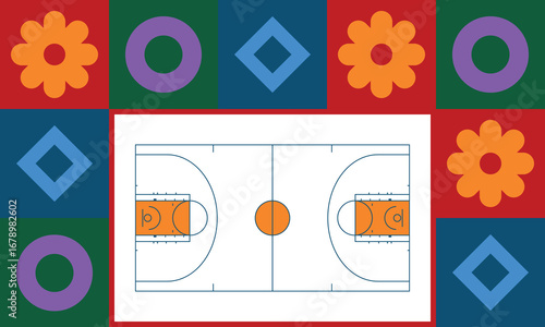 Basketball Court. Basketball design. Street sport art. Game Day. Basketball playoff. Final games. Team championship. Ball for Basketball. Sport creative poster. Modern graphic. Vector wallpaper