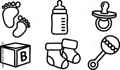 Baby essentials icons set with feet bottle pacifier block socks and rattle in simple line style vector