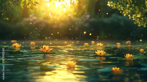 Golden Lilies Bloom Serenely on Calm Pond Water at Sunset
