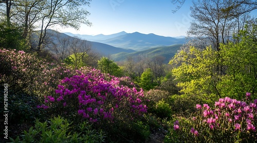 Mountain Vista Springtime Rhododendrons Blooming Abundantly
