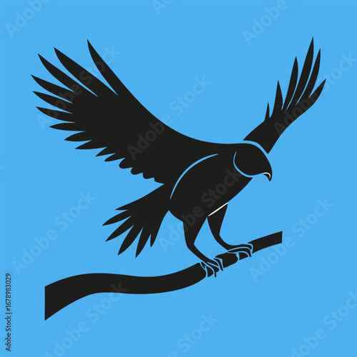 Black silhouette illustration of a bald eagle with spreading wings flying in the sky as a wild bird of prey vector design.