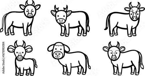 Cute cartoon style cow and bull line art vector set with different facial expressions and poses for farm animal design