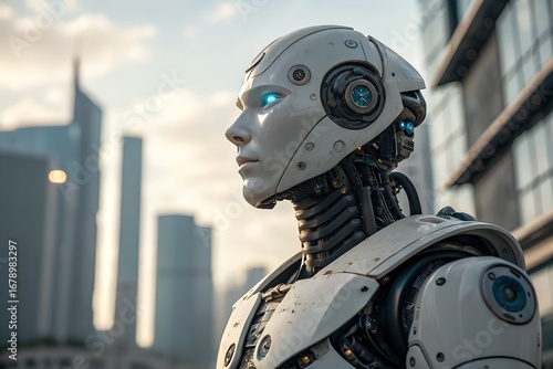 A close-up of a futuristic white and gray humanoid robot with details in the background of a blurred modern city skyline. Design illustration.