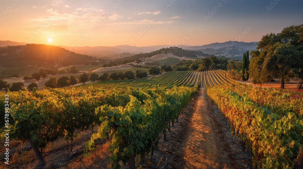 Fototapeta premium Sunset at Sonoma Vineyard: Tranquil and Beautiful Landscape for Summer Evening
