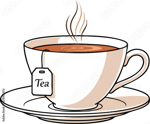 Hot tea cup with steam rising and tea bag tag on saucer vector illustration for beverage design and relaxation concept