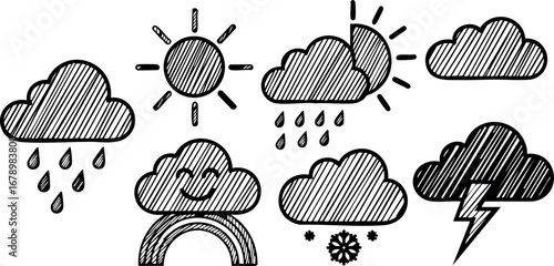Weather icons set with rain sun clouds snow lightning and rainbow vector design collection
