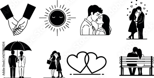 Romantic couple holding hands kissing love hearts sun umbrella bench vector illustration