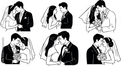 Romantic wedding couples kissing and embracing in love vector illustration set for marriage celebration