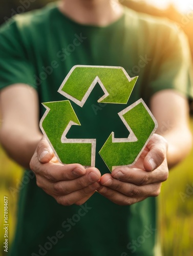 Man holding recycling symbol in hands, promoting environmental protection and waste reduction for World Environment Day.
