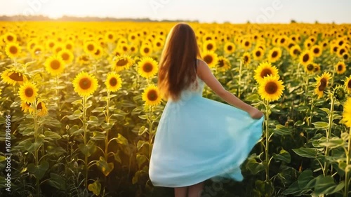 Young woman in blue dress twirling in sunflower field at sunset