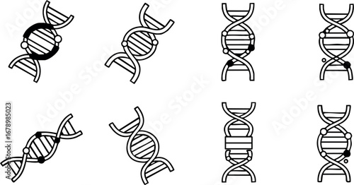 DNA helix icons set with simple black outlines in various styles and orientations for scientific and medical design vector