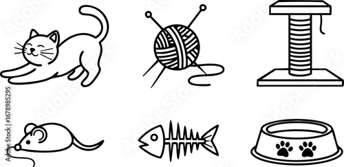 Cat and mouse playful black and white vector icons with yarn ball scratching post fishbone and food bowl for pets