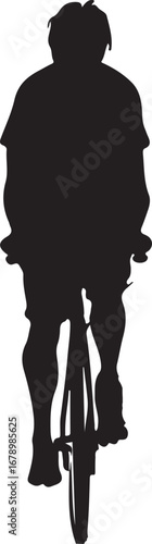 This image is a black and white silhouette of a person riding a bicycle, with the figure's details obscured and the focus placed on the overall shape and movement.