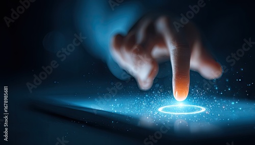 Human finger touching a glowing futuristic digital interface.