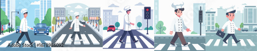 vector of a chef crossing the road