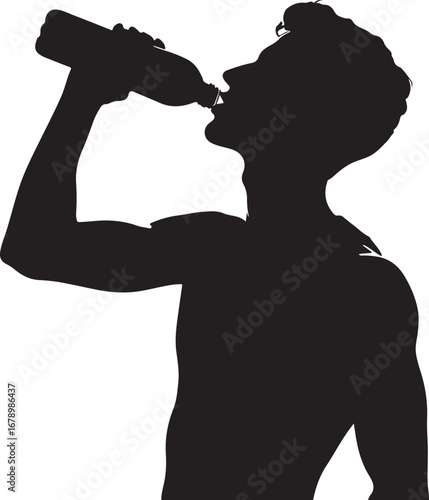 A bold black silhouette of a muscular young man drinking from a plastic bottle, his head tilted back and arm raised high.