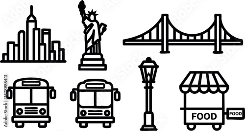 New York City skyline Statue of Liberty bridge bus street lamp food cart vector icons set