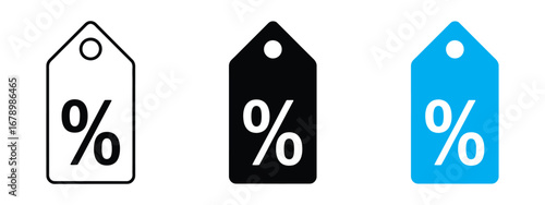 Three different style price tags with percentage symbols representing discounts and sales isolated on transparent background