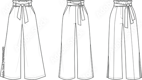 Fashion technical flat sketch of wide-leg paper bag pants, high waist trousers with belt, front, back, side views, apparel design vector template