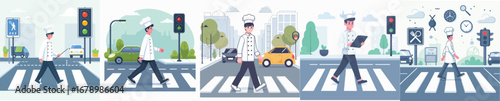 vector of a chef crossing the road