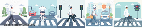 vector of a chef crossing the road