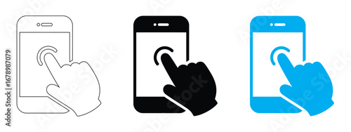 Three stylized icons representing a smartphone with a finger touching the screen isolated on transparent background