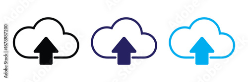 Three cloud upload icons in black blue and cyan showing data transfer and storage isolated on transparent background