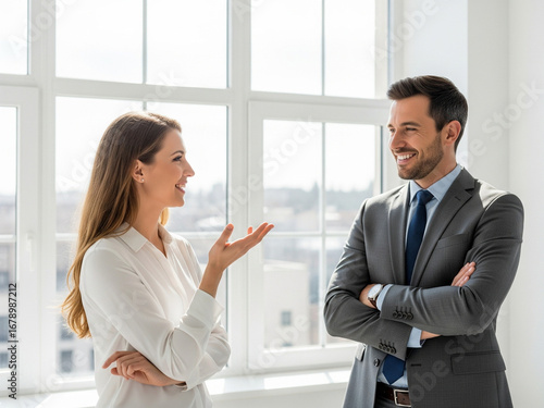 Two coworkers stand discussing casually near the large office window.
