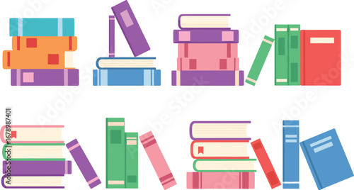 Colorful book stacks, cartoon illustration, educational theme, reading materials, library decor, vertical books, horizontal arrangement, psupplies, learning tools, vibrant covers, study vibe