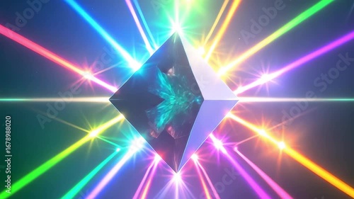 Abstract glowing 3D pyramid surrounded by colorful rainbow beams of light on futuristic dark background
