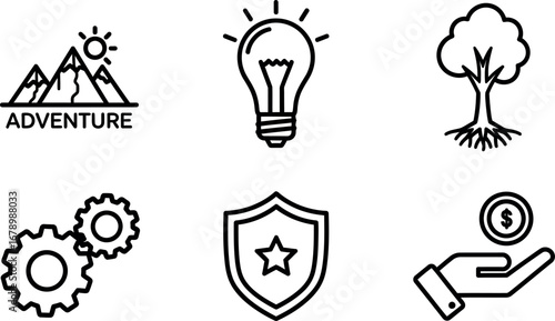 Adventure mountain tree light bulb gear shield hand coin vector icons set for design and creativity