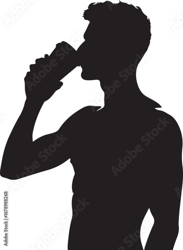 The image is a black silhouette of a muscular man drinking from a cup or can, his body angled slightly to the right, showcasing his well-defined physique.