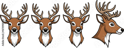 Deer head cartoon, antler silhouette set, buck illustration, animal anatomy, wildlife icon, forest creature, side profile, front view, nature theme, hunting decor