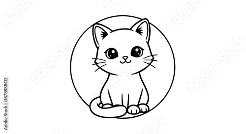 Cute black and white vector illustration of a sitting cat in a circle, perfect for logos or graphics