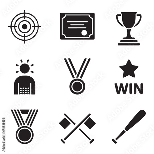 Set Solid vector icon set - target vector, certificate, pedestal, cup, success, win, gold, award, medal, flags cross, baseball bat. Vector black silhouette. with white background