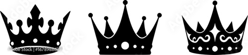 Set of three vector black silhouettes of crowns isolated on a white background.
