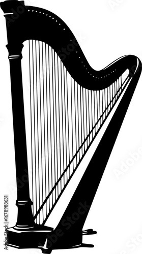 Vector black silhouette of a harp isolated on a white background.

