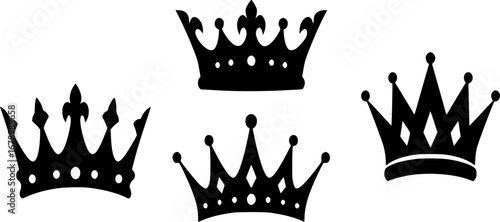 Set of three vector black silhouettes of crowns isolated on a white background.
