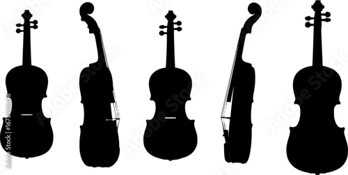 Set of three black silhouettes of violins isolated on a white background. Vector illustration.
